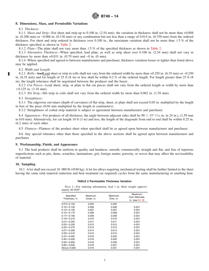 REDLINE ASTM B749-14 - Standard Specification for Lead and Lead Alloy Strip, Sheet, and Plate Products