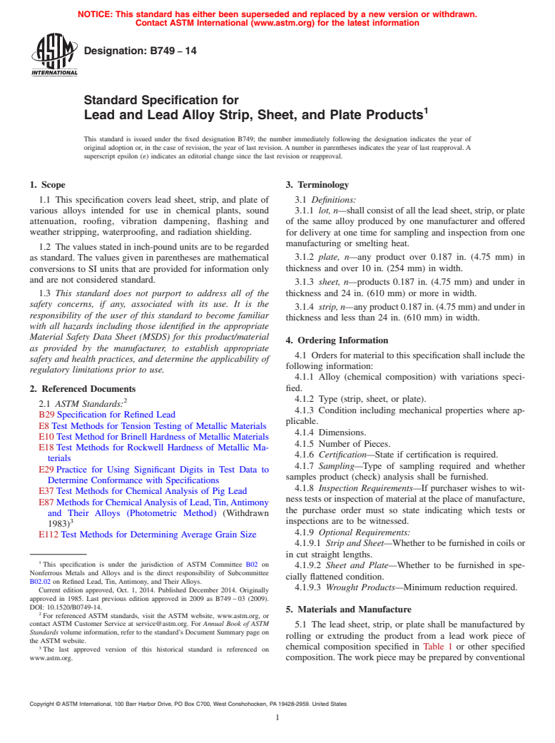 ASTM B749-14 - Standard Specification for Lead and Lead Alloy Strip, Sheet, and Plate Products