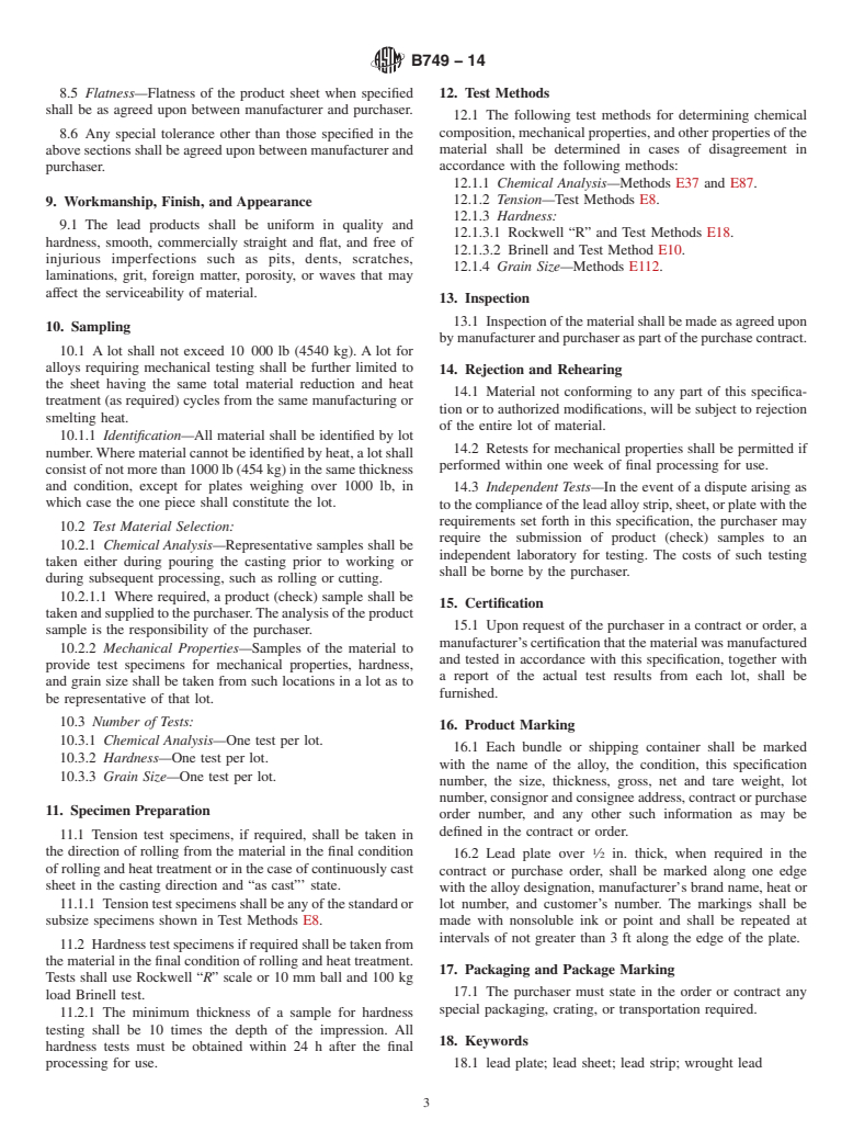 ASTM B749-14 - Standard Specification for Lead and Lead Alloy Strip, Sheet, and Plate Products