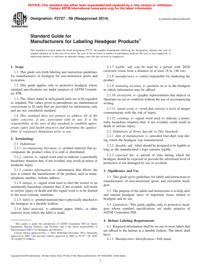 ASTM F2727-09(2014) - Standard Guide for Manufacturers for Labeling Headgear Products