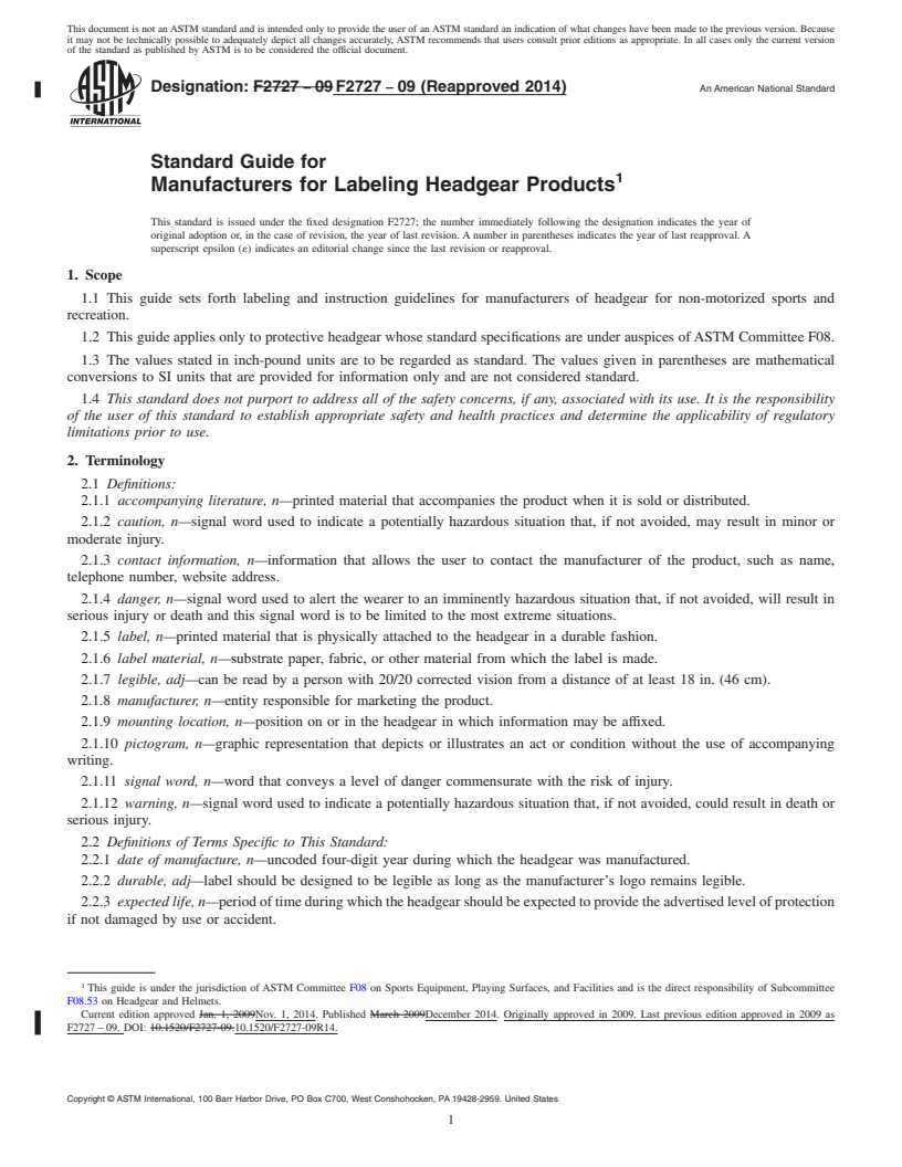 REDLINE ASTM F2727-09(2014) - Standard Guide for Manufacturers for Labeling Headgear Products