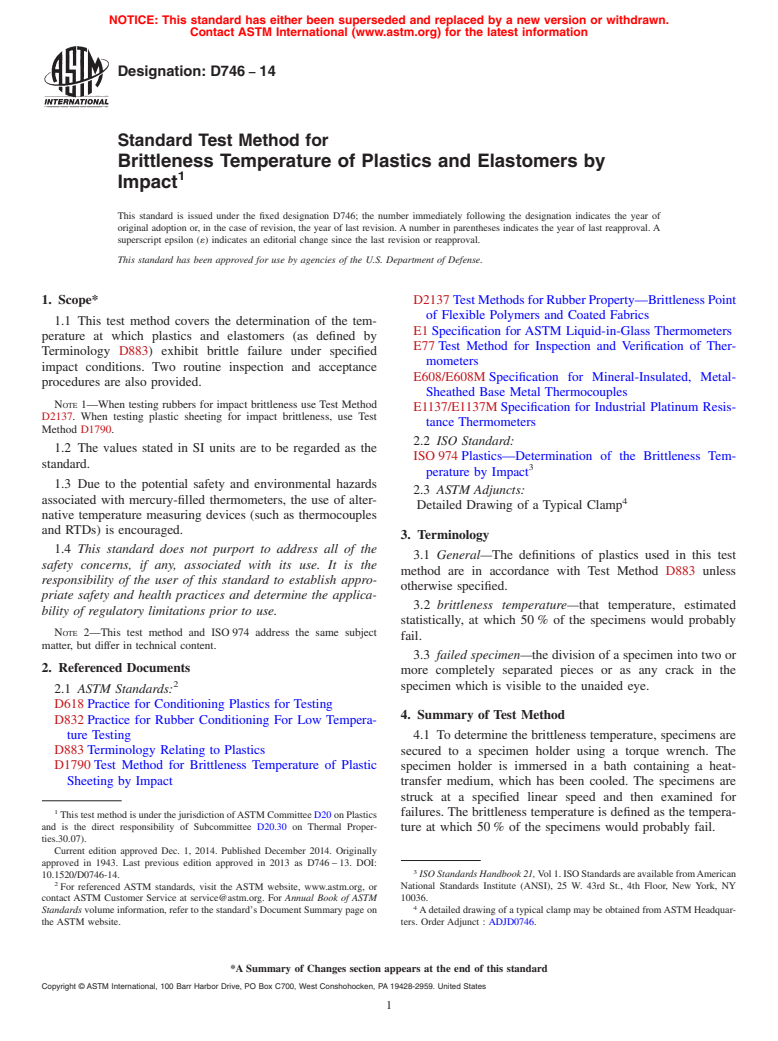 ASTM D746-14 - Standard Test Method for  Brittleness Temperature of Plastics and Elastomers by Impact