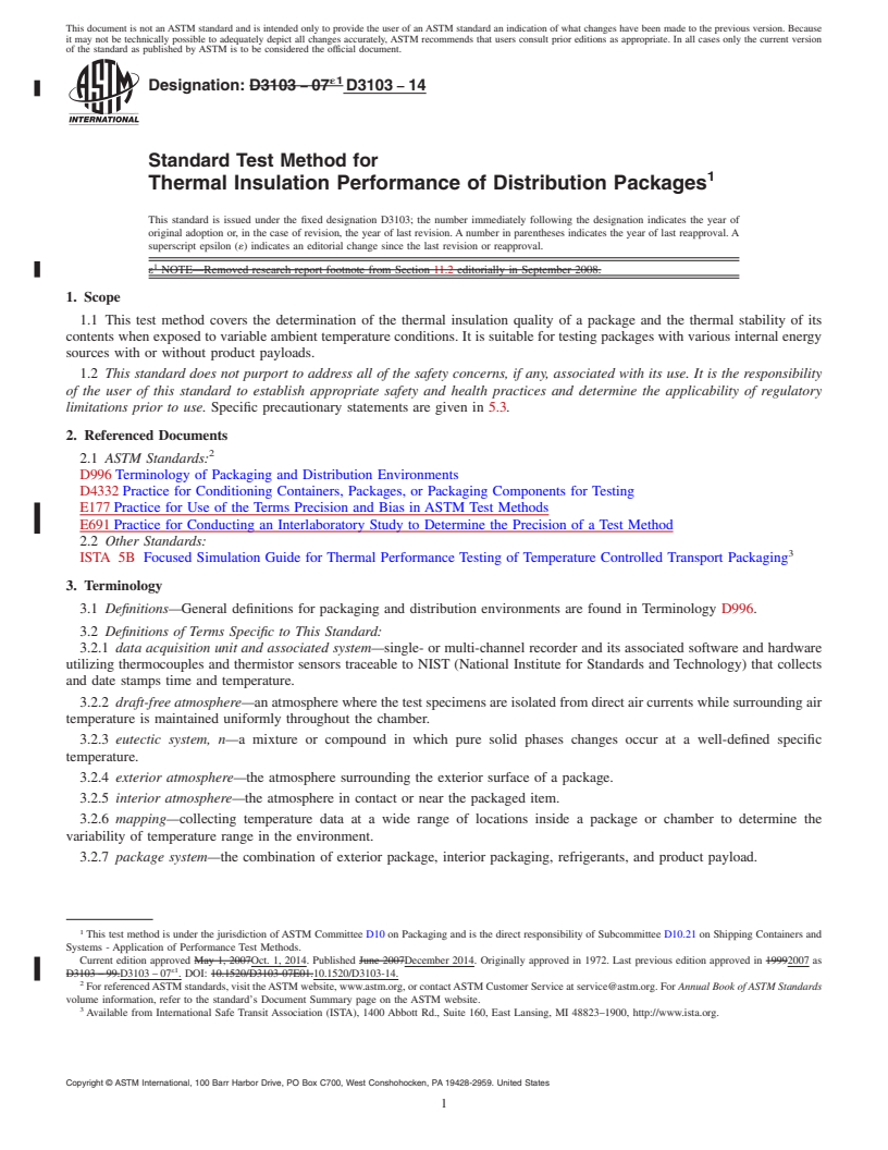 REDLINE ASTM D3103-14 - Standard Test Method for  Thermal Insulation Performance of Distribution Packages