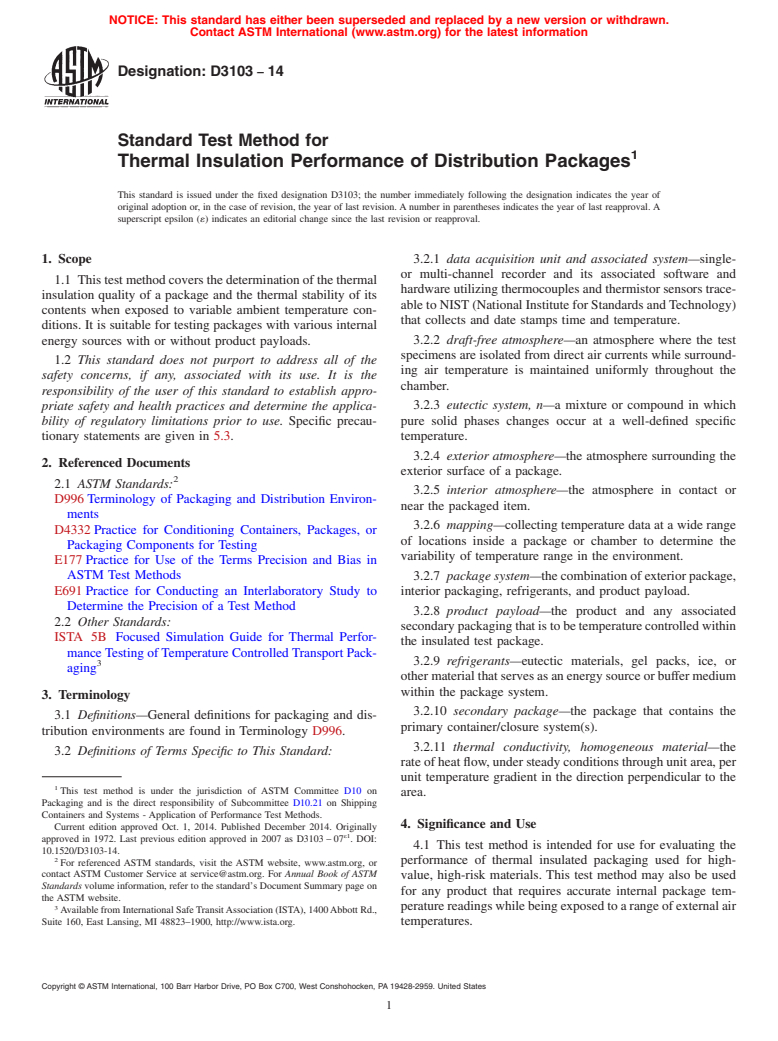 ASTM D3103-14 - Standard Test Method for  Thermal Insulation Performance of Distribution Packages