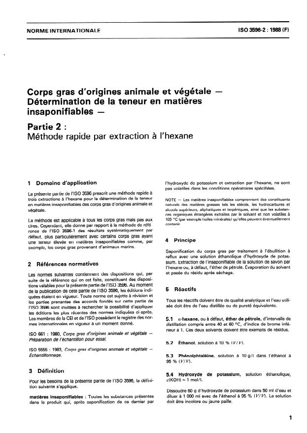 ISO 3596-2:1988 - Corps gras d'origines animale et végétale -- Détermination de la teneur en matieres insaponifiables