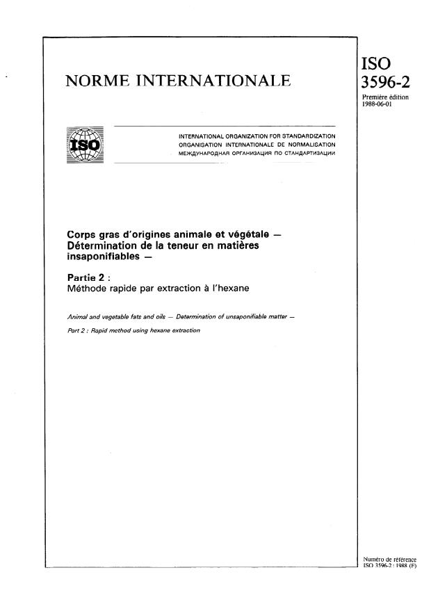 ISO 3596-2:1988 - Corps gras d'origines animale et végétale -- Détermination de la teneur en matieres insaponifiables