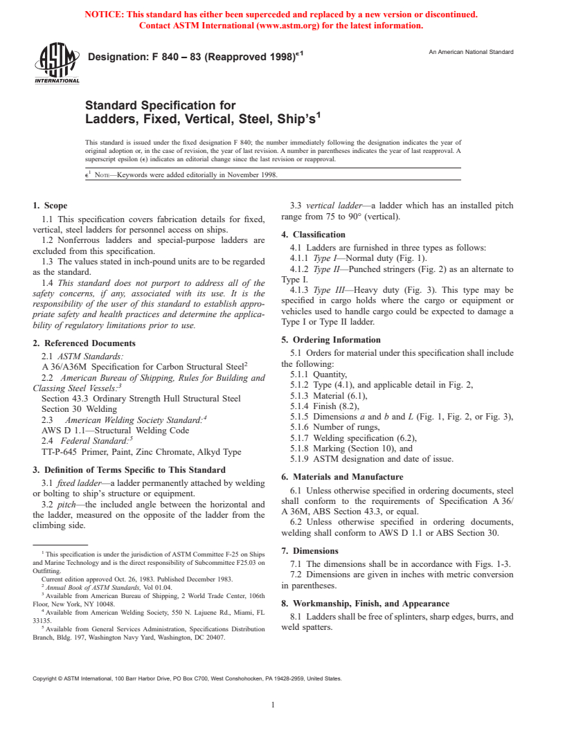 ASTM F840-83(1998)e1 - Standard Specification for Ladders, Fixed, Vertical, Steel, Ship's