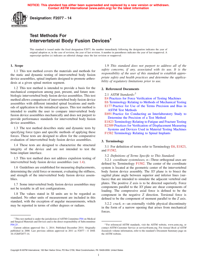 ASTM F2077-14 - Test Methods For  Intervertebral Body Fusion Devices