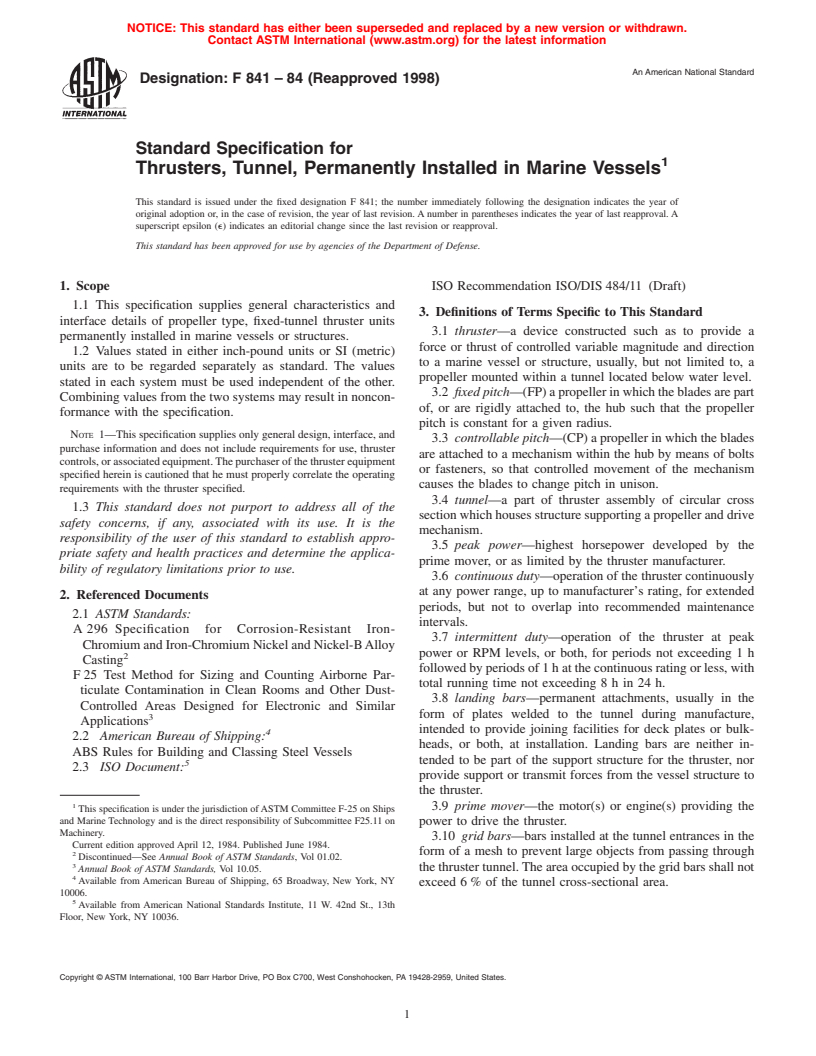 ASTM F841-84(1998) - Standard Specification for Thrusters, Tunnel, Permanently Installed in Marine Vessels