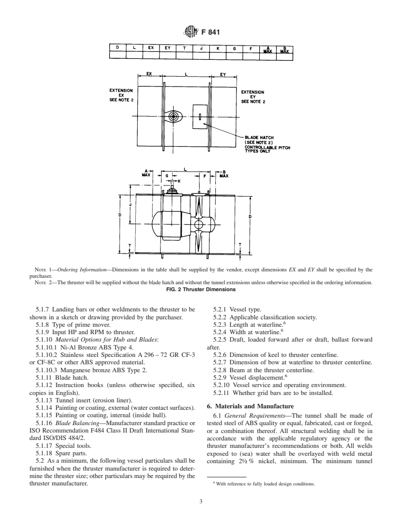 ASTM F841-84(1998) - Standard Specification for Thrusters, Tunnel, Permanently Installed in Marine Vessels