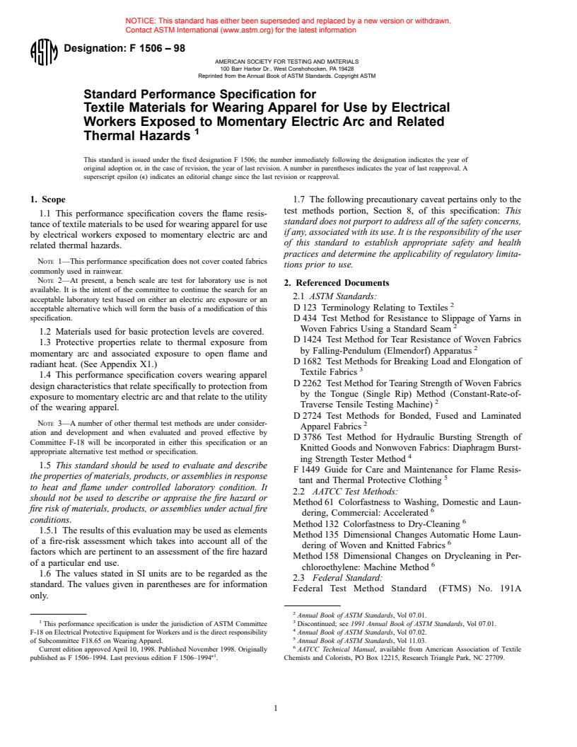 ASTM F1506-98 - Standard Performance Specification for Textile Materials for Wearing Apparel for Use by Electrical Workers Exposed to Momentary Electric Arc and Related Thermal Hazards