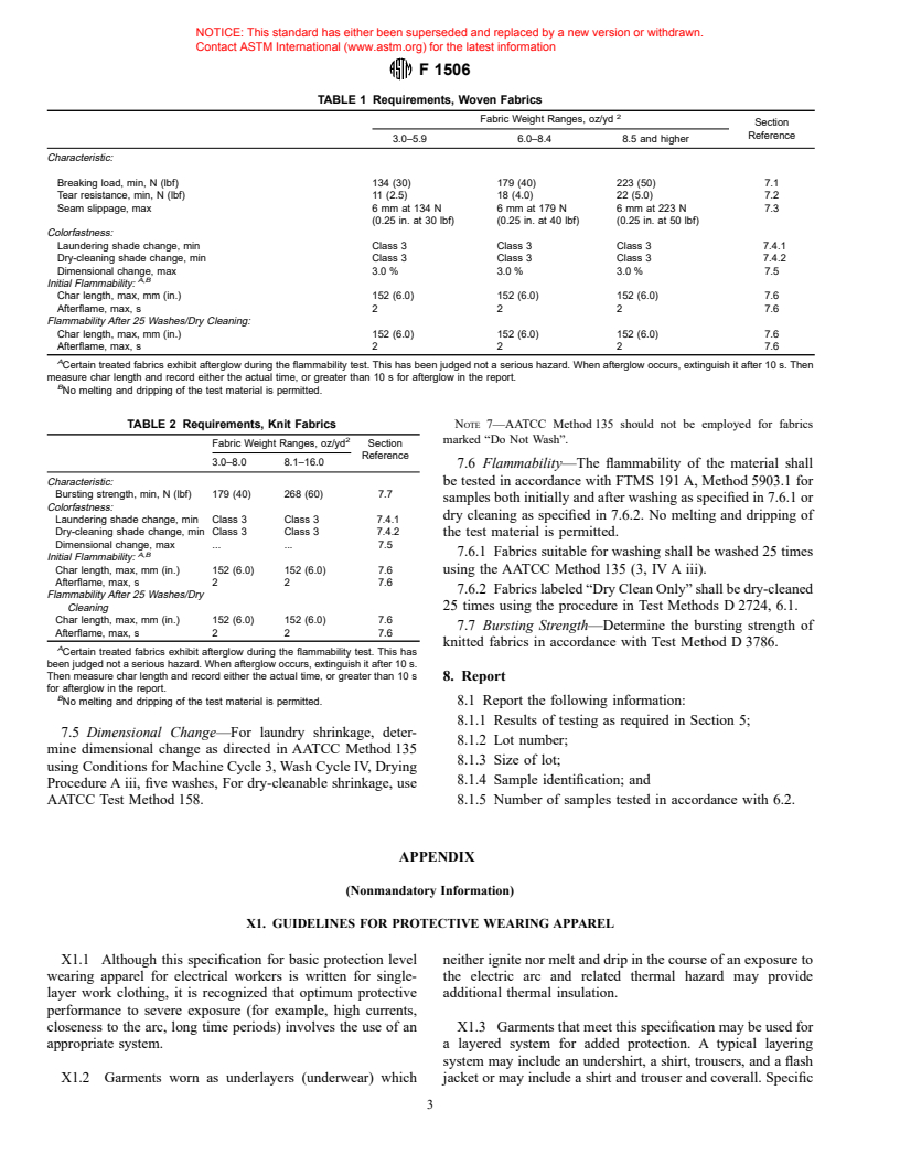 ASTM F1506-98 - Standard Performance Specification for Textile Materials for Wearing Apparel for Use by Electrical Workers Exposed to Momentary Electric Arc and Related Thermal Hazards