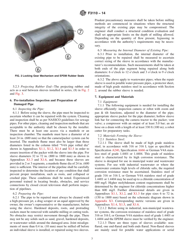 ASTM F3110-14 - Standard Practice for Proper Use of Mechanical Trenchless Point Repair Sleeve with  Locking Gear Mechanism for Pipes of Varying Inner Diameter and Offset  Joints