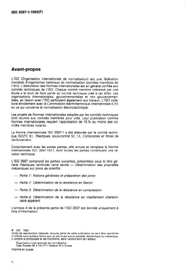 ISO 3597-1:1993 ISO 3597-1:1993 - Plastiques renforcés verre textile -- Détermination des propriétés mécaniques sur joncs de stratifils - Page 2 preview