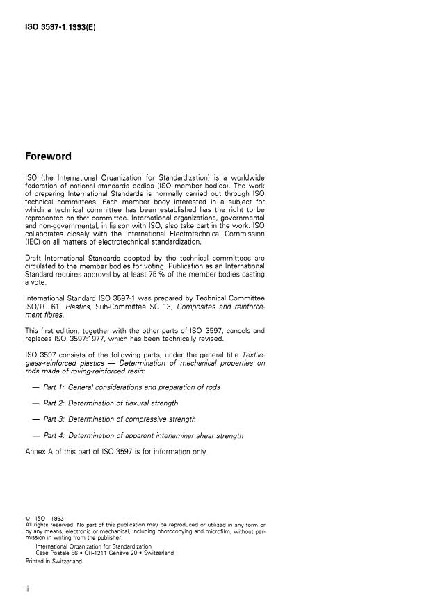 ISO 3597-1:1993 ISO 3597-1:1993 - Textile-glass-reinforced plastics -- Determination of mechanical properties on rods made of roving-reinforced resin - Page 2 preview