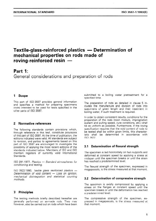 ISO 3597-1:1993 - Textile-glass-reinforced plastics -- Determination of mechanical properties on rods made of roving-reinforced resin