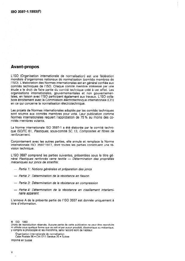 ISO 3597-1:1993 ISO 3597-1:1993 - Plastiques renforcés verre textile -- Détermination des propriétés mécaniques sur joncs de stratifils - Page 2 preview