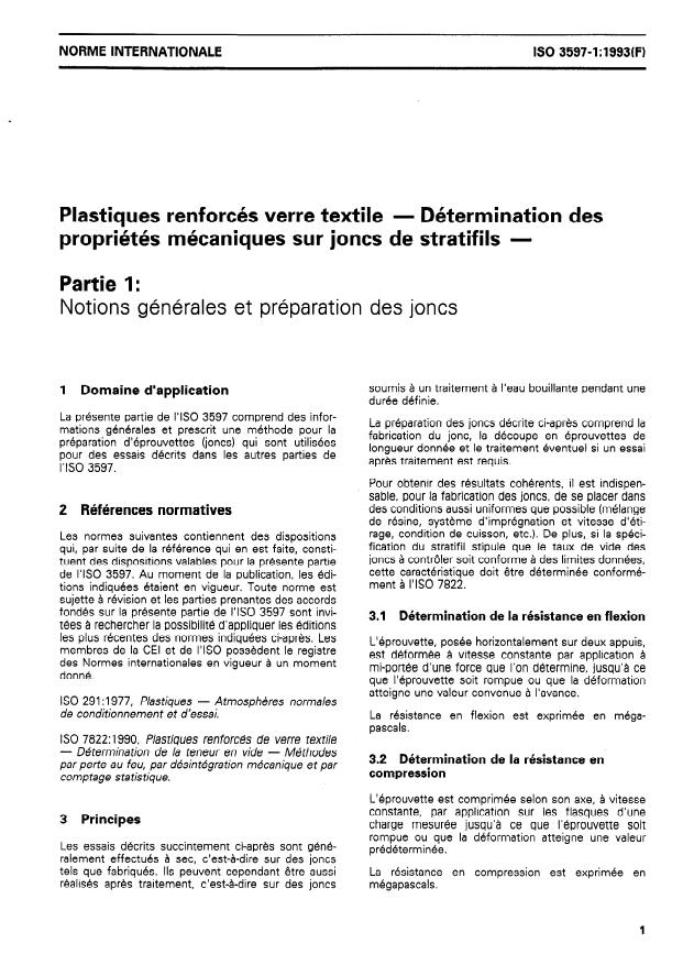 ISO 3597-1:1993 - Plastiques renforcés verre textile -- Détermination des propriétés mécaniques sur joncs de stratifils