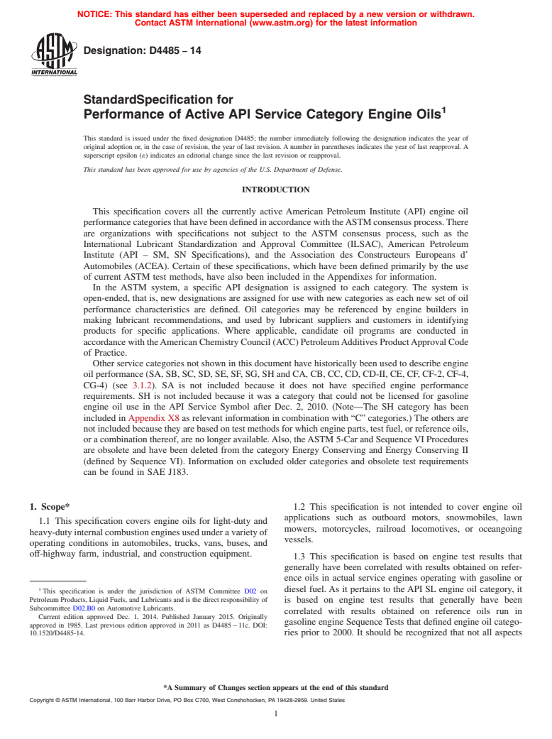 ASTM D4485-14 - Standard Specification for  Performance of Active API Service Category Engine Oils