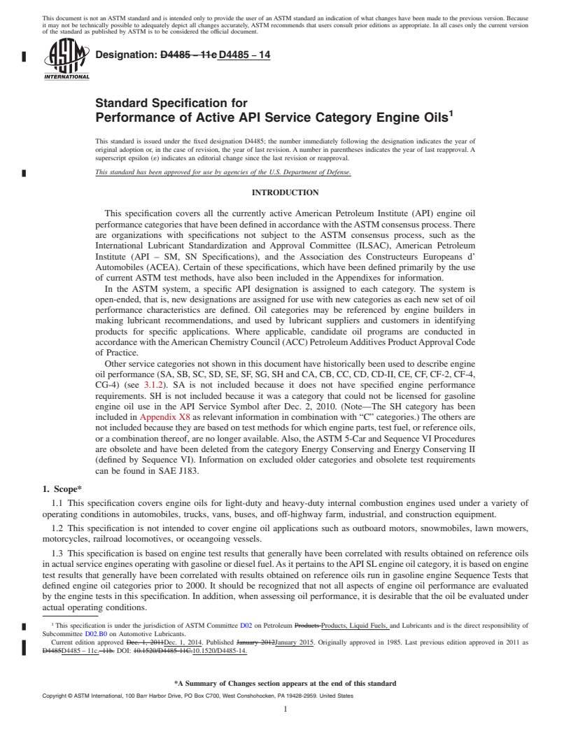 REDLINE ASTM D4485-14 - Standard Specification for  Performance of Active API Service Category Engine Oils
