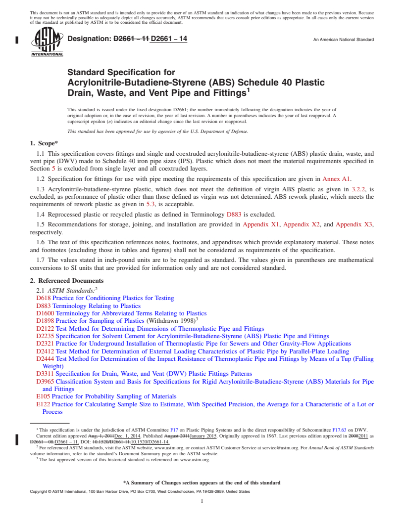 REDLINE ASTM D2661-14 - Standard Specification for  Acrylonitrile-Butadiene-Styrene (ABS) Schedule 40 Plastic Drain,  Waste, and Vent Pipe and Fittings