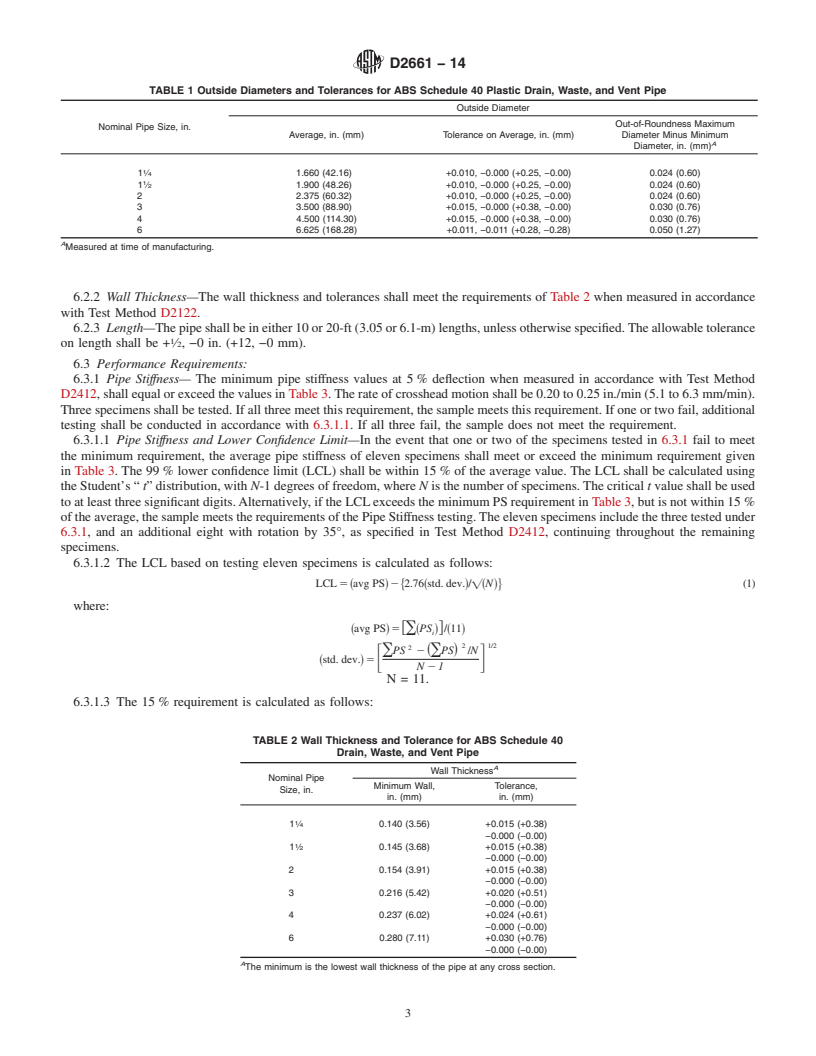 REDLINE ASTM D2661-14 - Standard Specification for  Acrylonitrile-Butadiene-Styrene (ABS) Schedule 40 Plastic Drain,  Waste, and Vent Pipe and Fittings