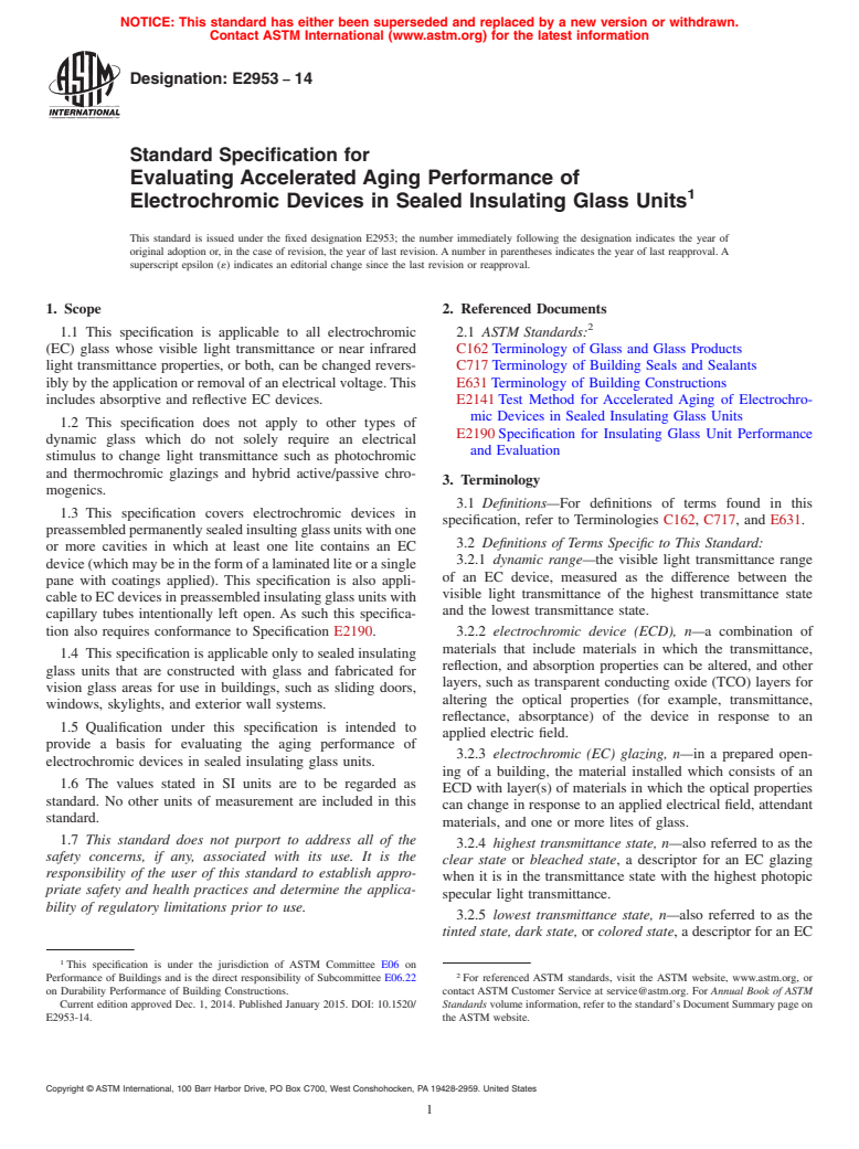 ASTM E2953-14 - Standard Specification for Evaluating Accelerated Aging Performance of Electrochromic  Devices in Sealed Insulating Glass Units