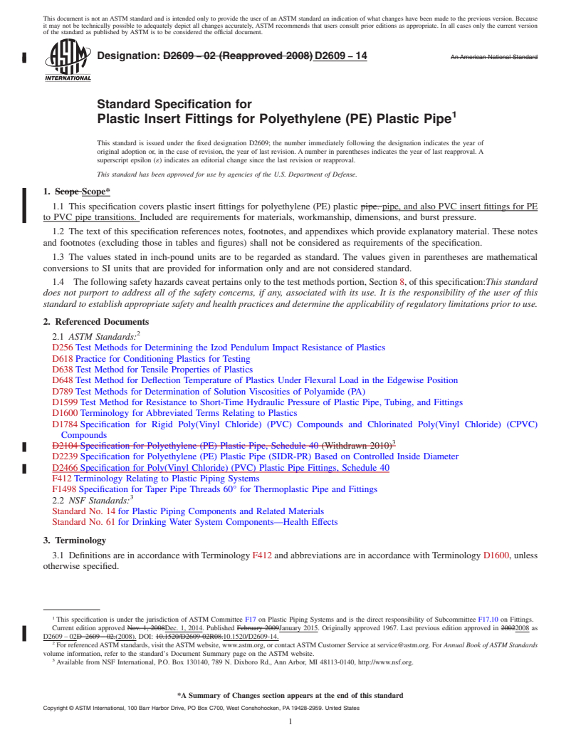 REDLINE ASTM D2609-14 - Standard Specification for  Plastic Insert Fittings for Polyethylene (PE) Plastic Pipe