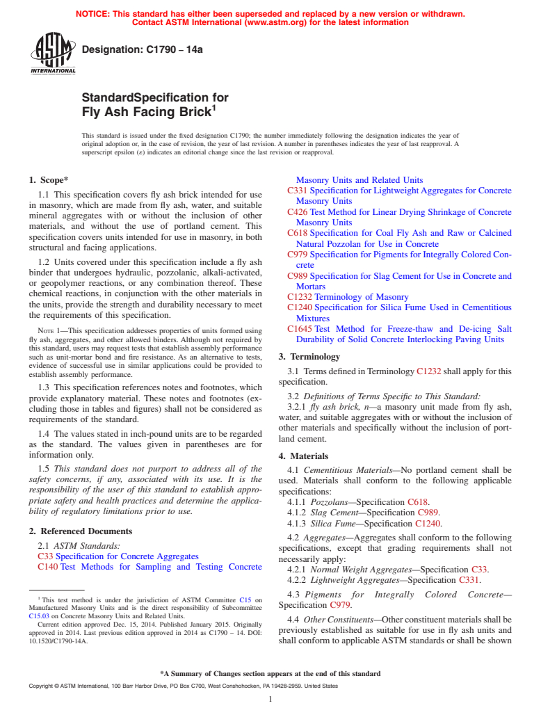 ASTM C1790-14a - Standard Specification for Fly Ash Facing Brick