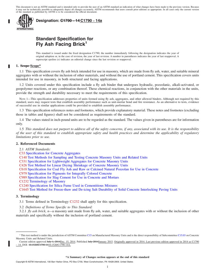REDLINE ASTM C1790-14a - Standard Specification for Fly Ash Facing Brick
