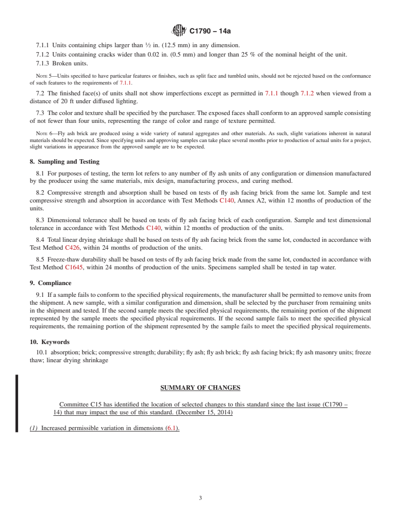REDLINE ASTM C1790-14a - Standard Specification for Fly Ash Facing Brick