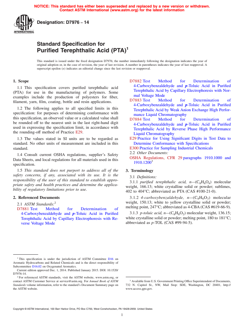 ASTM D7976-14 - Standard Specification for Purified Terephthalic Acid (PTA)