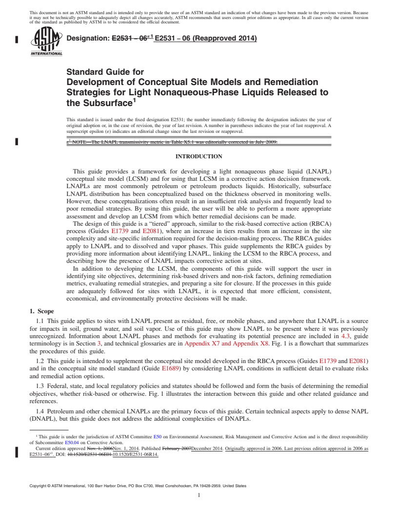 REDLINE ASTM E2531-06(2014) - Standard Guide for  Development of Conceptual Site Models and Remediation Strategies  for Light Nonaqueous-Phase Liquids Released to the Subsurface