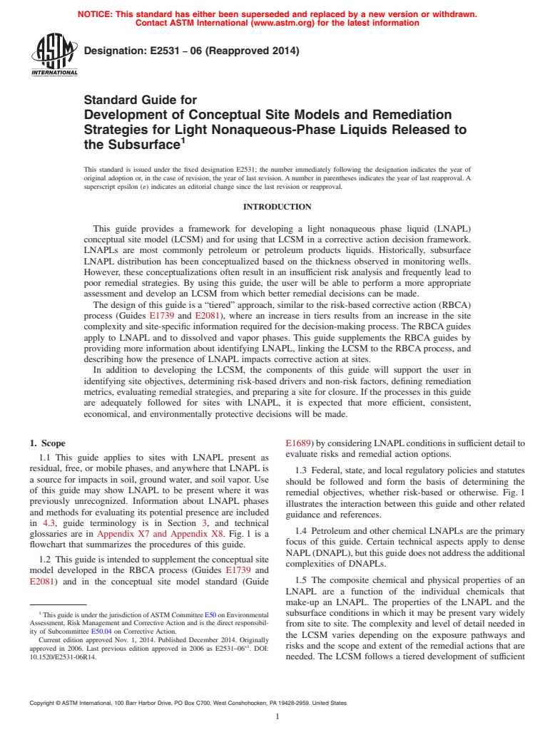 ASTM E2531-06(2014) - Standard Guide for  Development of Conceptual Site Models and Remediation Strategies  for Light Nonaqueous-Phase Liquids Released to the Subsurface