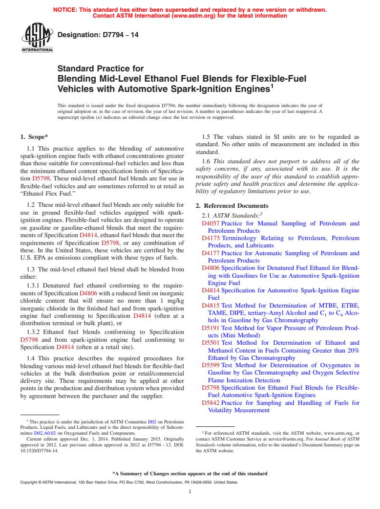 ASTM D7794-14 - Standard Practice for Blending Mid-Level Ethanol Fuel Blends for Flexible-Fuel Vehicles  with Automotive Spark-Ignition Engines