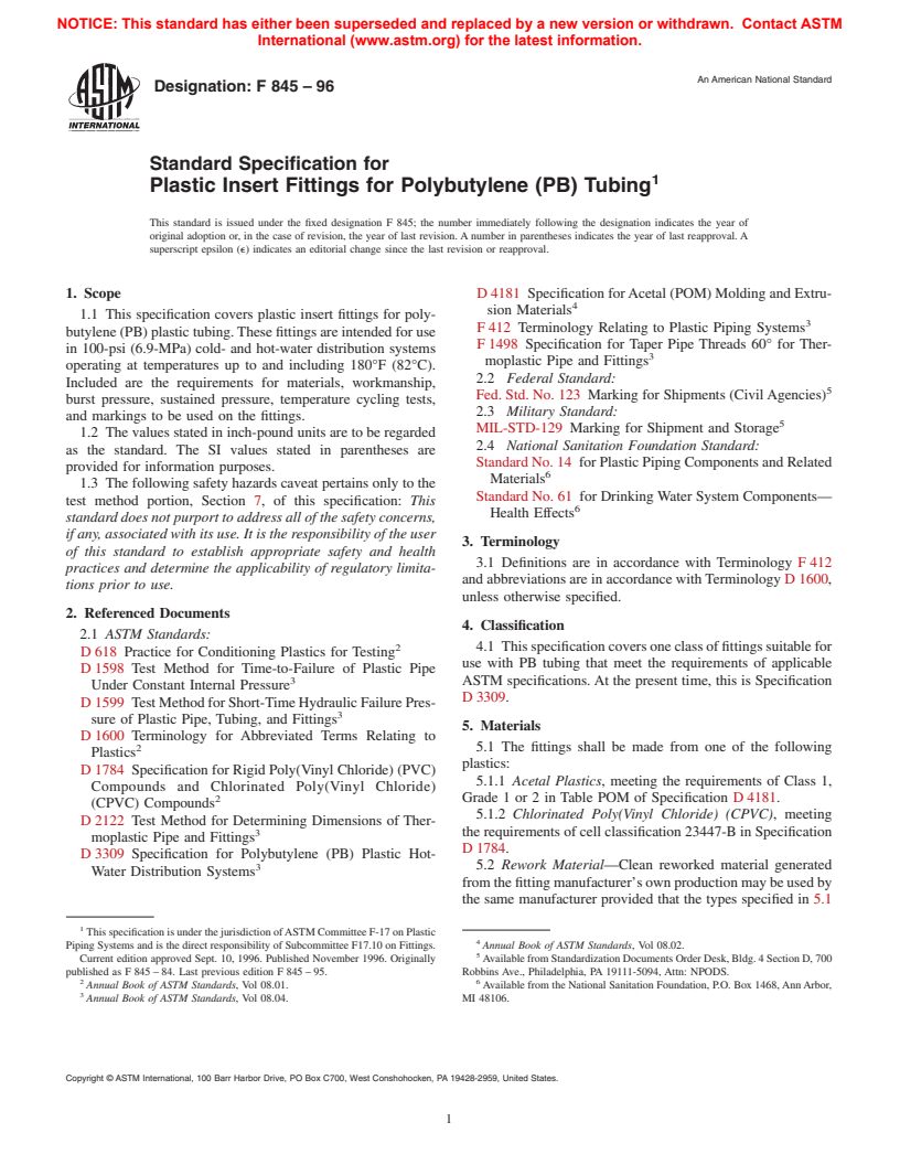ASTM F845-96 - Standard Specification for Plastic Insert Fittings for Polybutylene (PB) Tubing (Withdrawn 2003)