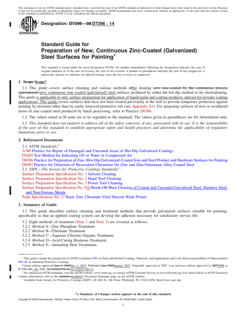 REDLINE ASTM D7396-14 - Standard Guide for Preparation of New, Continuous Zinc-Coated (Galvanized) Steel  Surfaces         for Painting