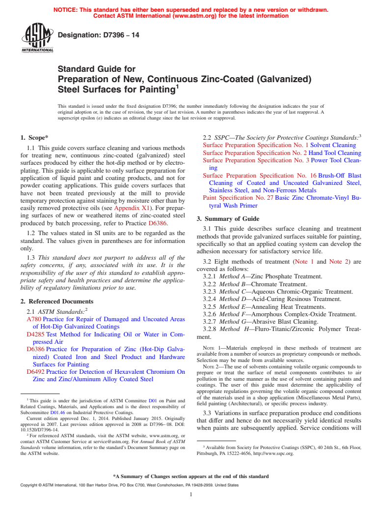 ASTM D7396-14 - Standard Guide for Preparation of New, Continuous Zinc-Coated (Galvanized) Steel  Surfaces         for Painting