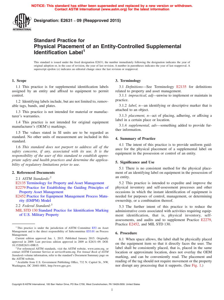 ASTM E2631-09(2015) - Standard Practice for Physical Placement of an Entity-Controlled Supplemental Identification  Label