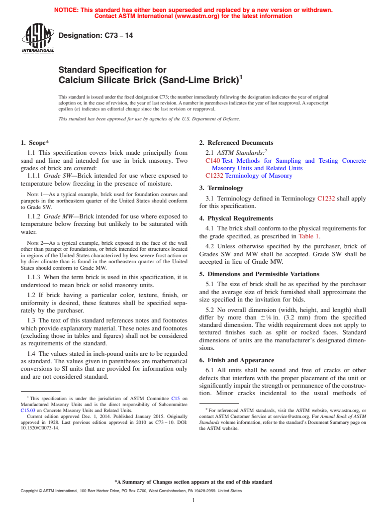 ASTM C73-14 - Standard Specification for  Calcium Silicate Brick (Sand-Lime Brick)