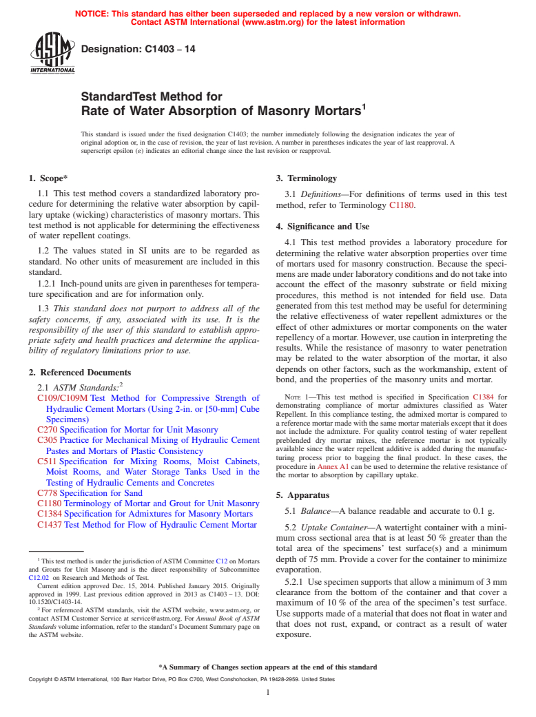 ASTM C1403-14 - Standard Test Method for  Rate of Water Absorption of Masonry Mortars