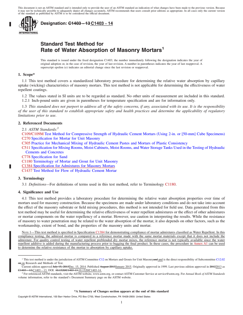 REDLINE ASTM C1403-14 - Standard Test Method for  Rate of Water Absorption of Masonry Mortars