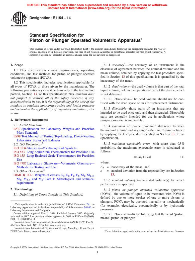 ASTM E1154-14 - Standard Specification for  Piston or Plunger Operated Volumetric Apparatus