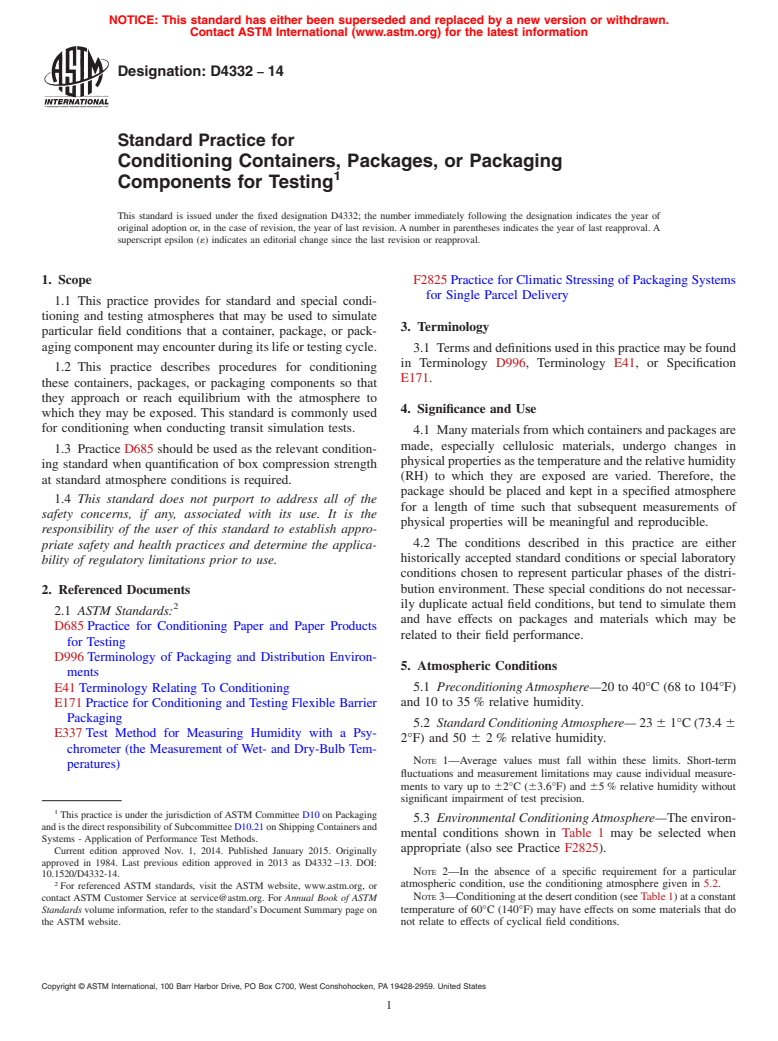 ASTM D4332-14 - Standard Practice for  Conditioning Containers, Packages, or Packaging Components   for Testing