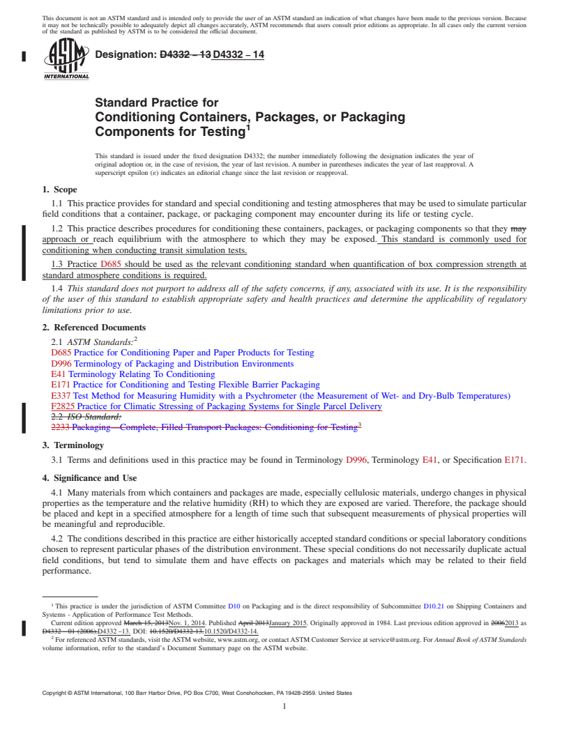 REDLINE ASTM D4332-14 - Standard Practice for  Conditioning Containers, Packages, or Packaging Components   for Testing