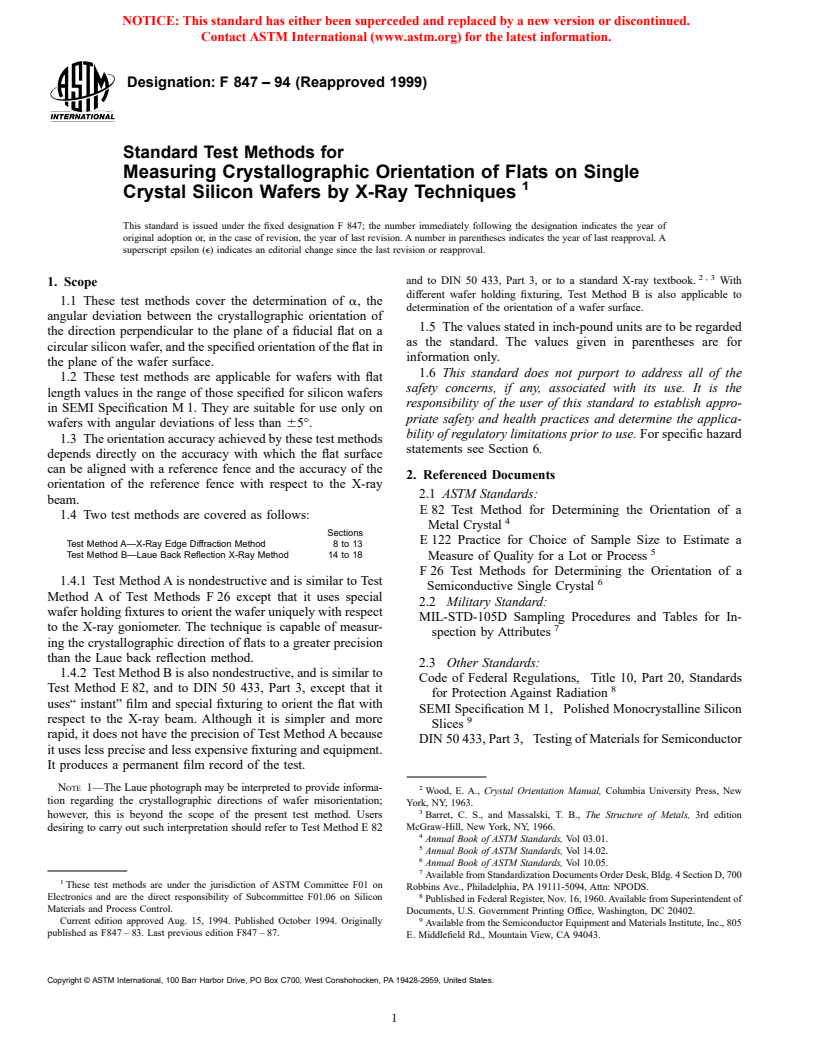 ASTM F847-94(1999) - Standard Test Methods for Measuring Crystallographic Orientation of Flats on Single Crystal Silicon Wafers by X-Ray Techniques