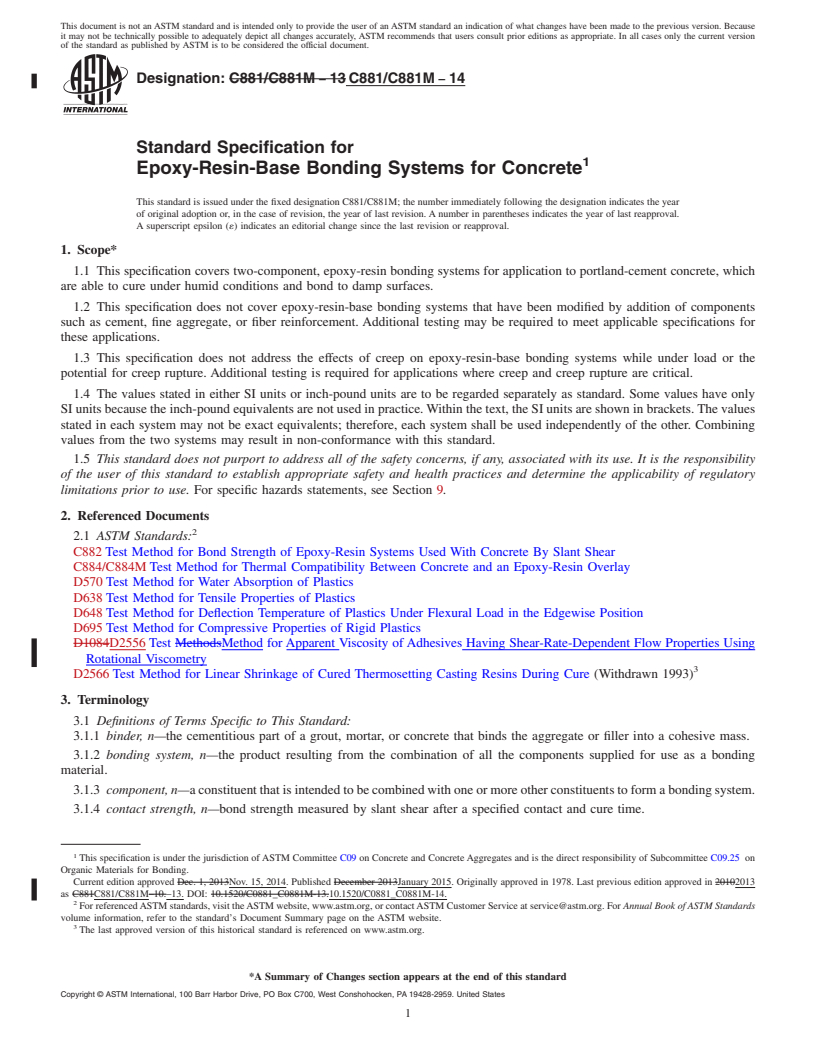 REDLINE ASTM C881/C881M-14 - Standard Specification for  Epoxy-Resin-Base Bonding Systems for Concrete