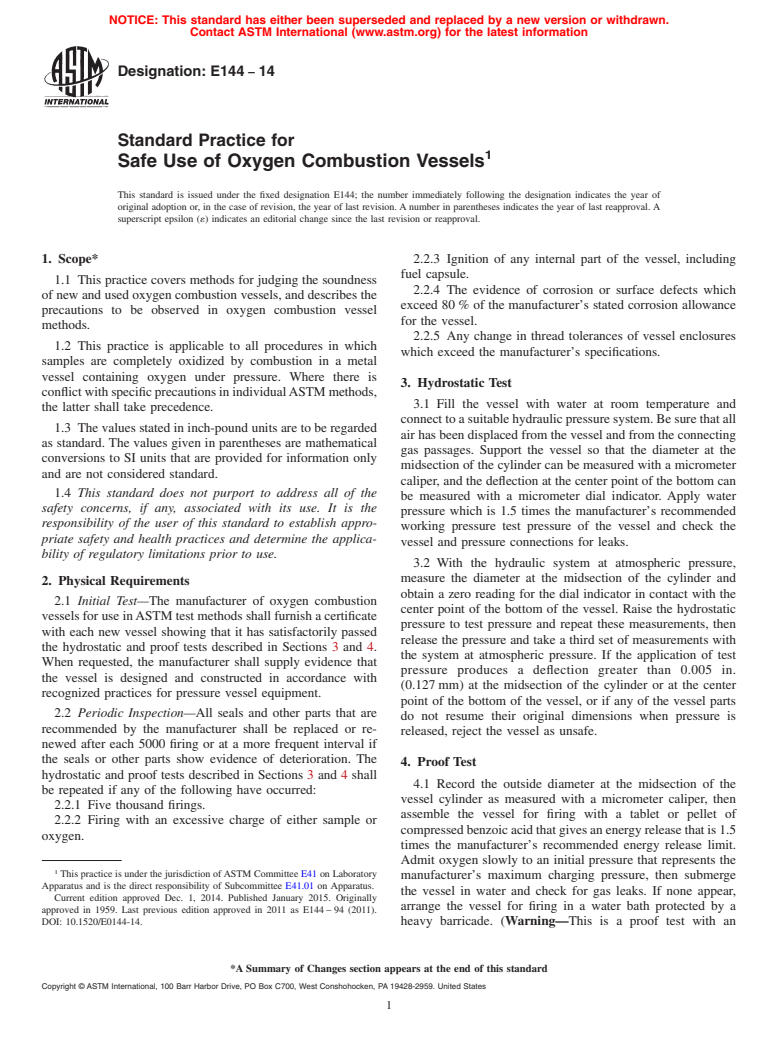 ASTM E144-14 - Standard Practice for  Safe Use of Oxygen Combustion Vessels