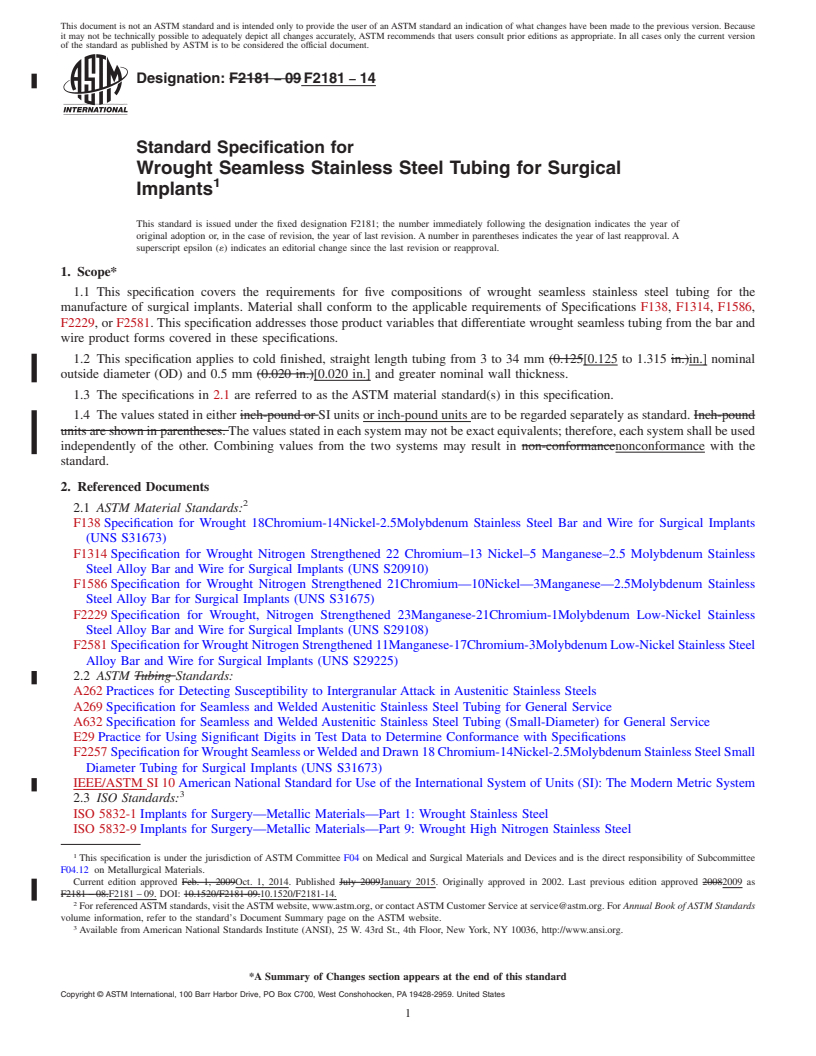 REDLINE ASTM F2181-14 - Standard Specification for  Wrought Seamless Stainless Steel Tubing for Surgical Implants