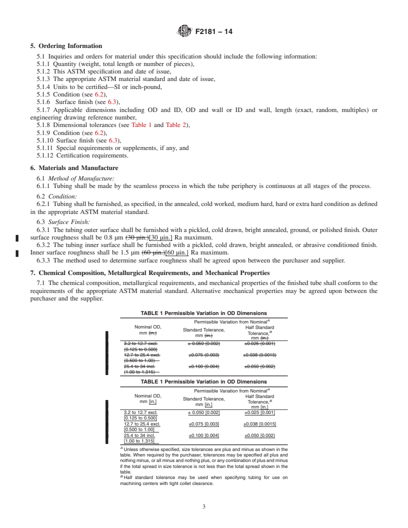 REDLINE ASTM F2181-14 - Standard Specification for  Wrought Seamless Stainless Steel Tubing for Surgical Implants